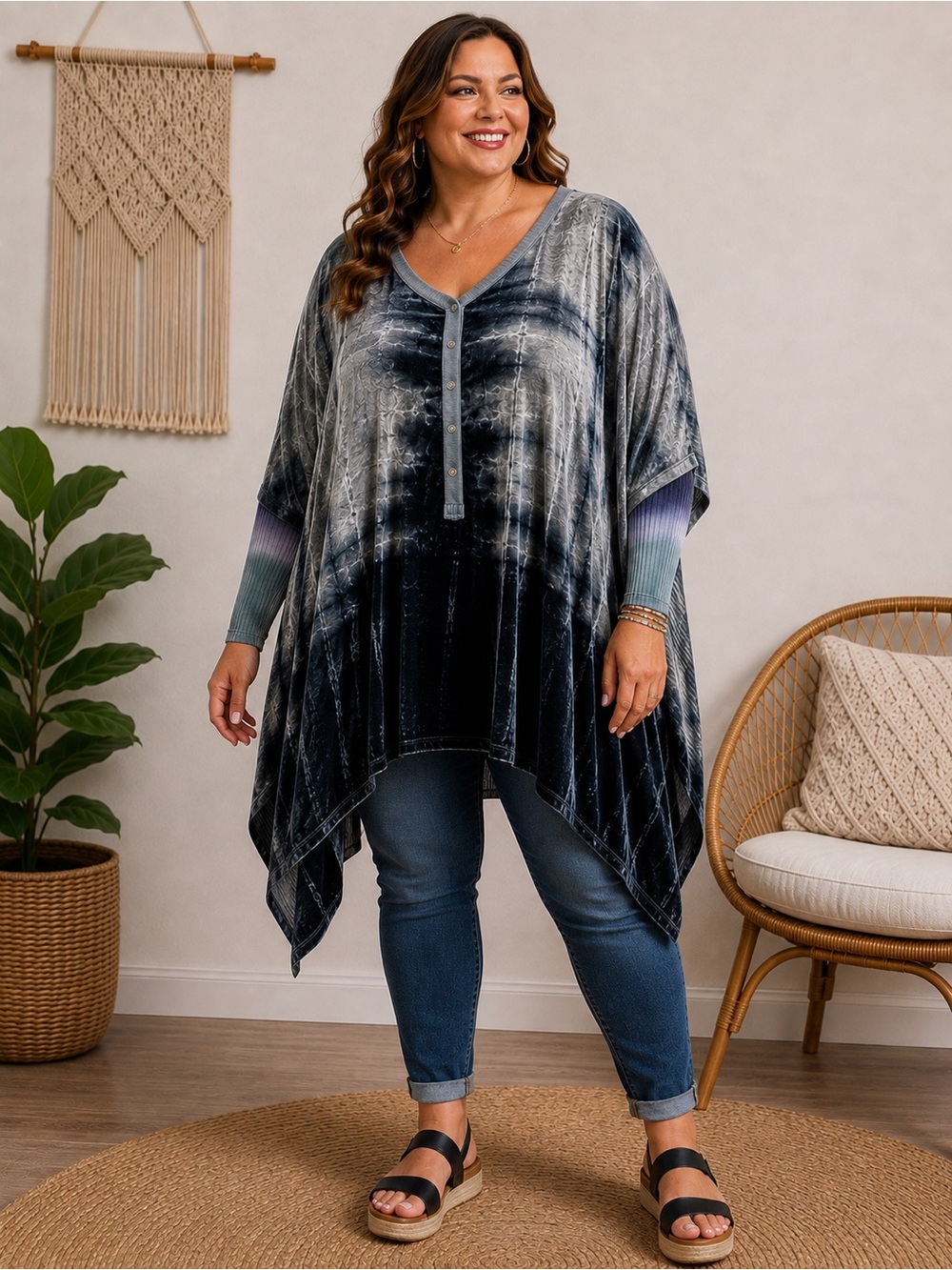 Johnny Was Pete & Greta V-Neck Tie-Dye Velvet Tunic Top